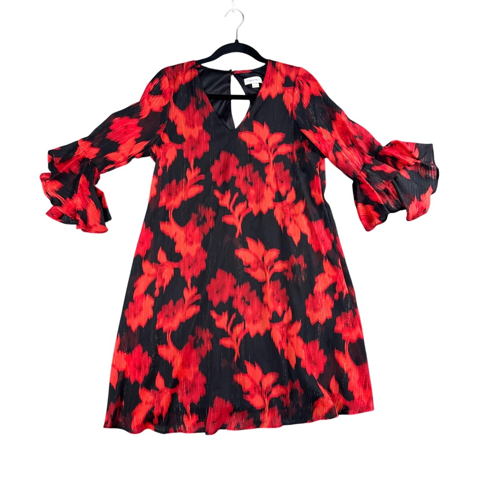 Calvin Klein Womens Black Red Floral Shift Dress Whimsigoth Romantic‎ Chic 6
